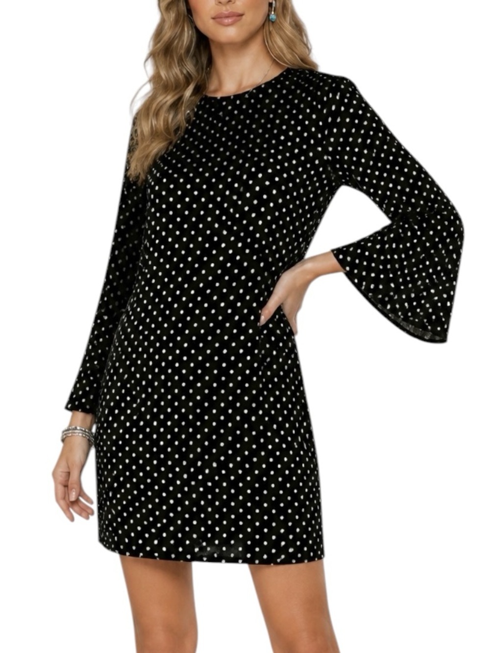 NWT AQUA Black Metallic Dot Long Sleeve Velvet  Zip Back Mini Dress Size Large